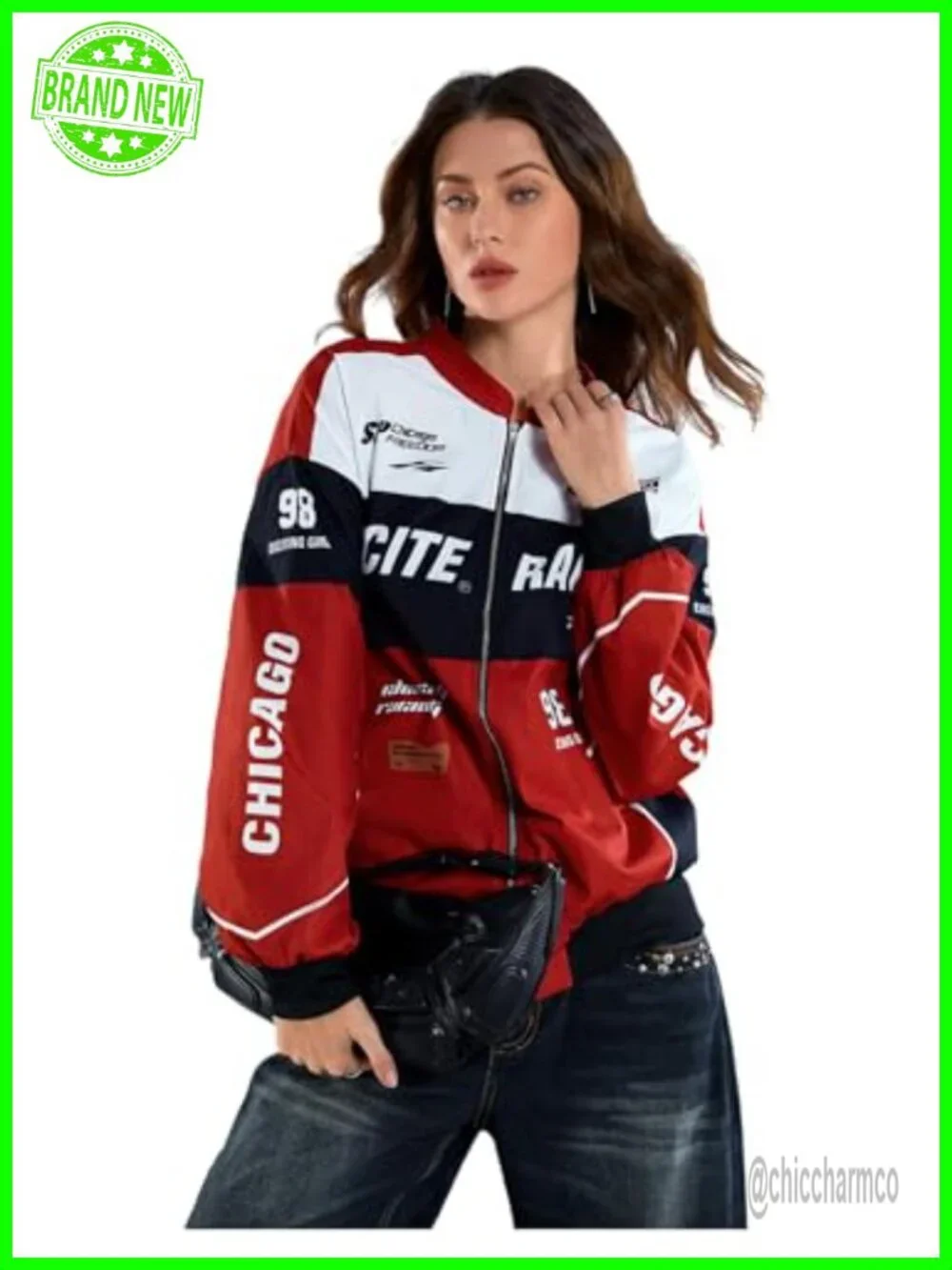 Y2K Racing Color Block Bomber Jacket for Women Graphic Zip Up